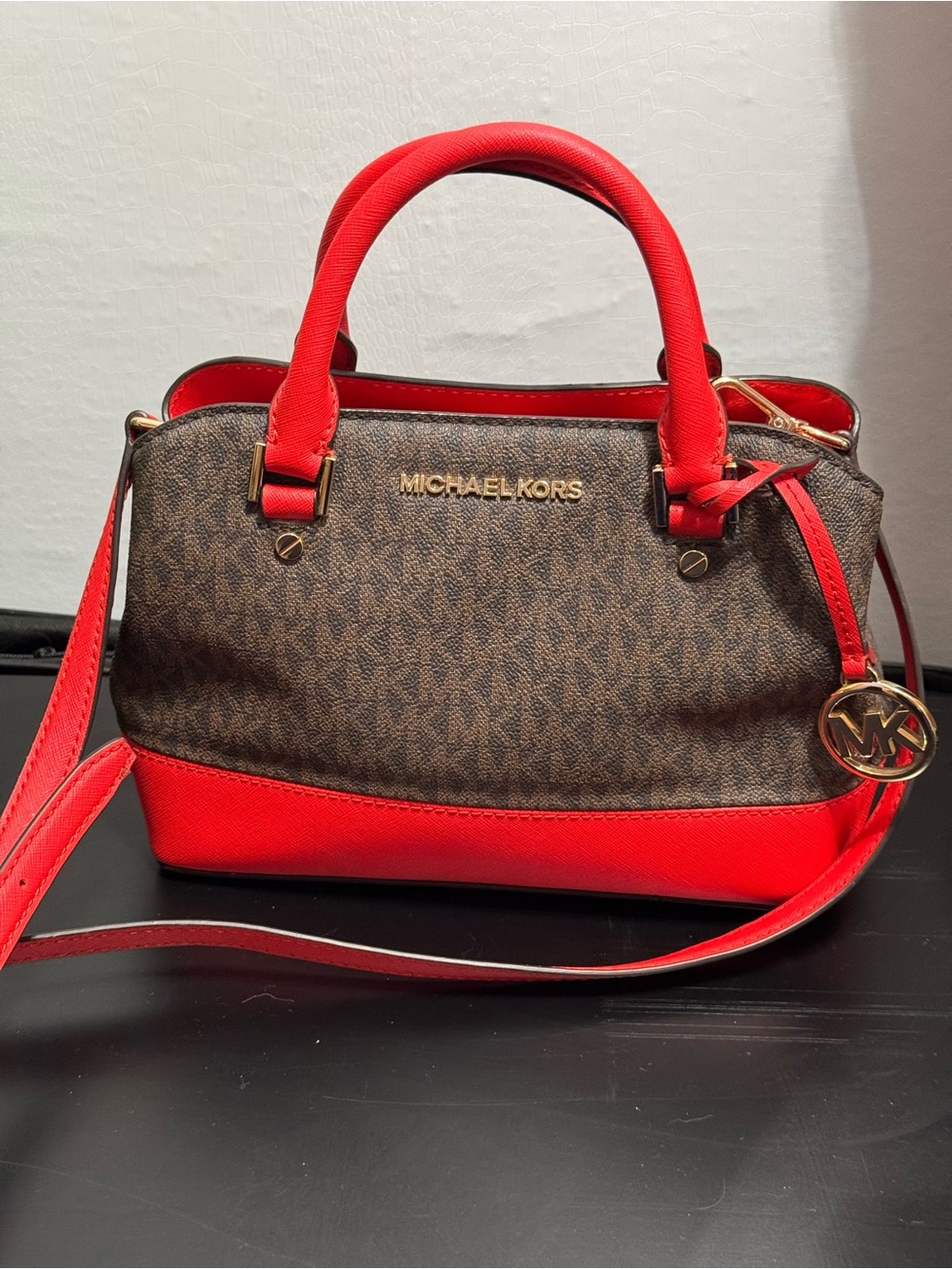Michael Kors Brown & Red Logo Satchel with Gold Hardware